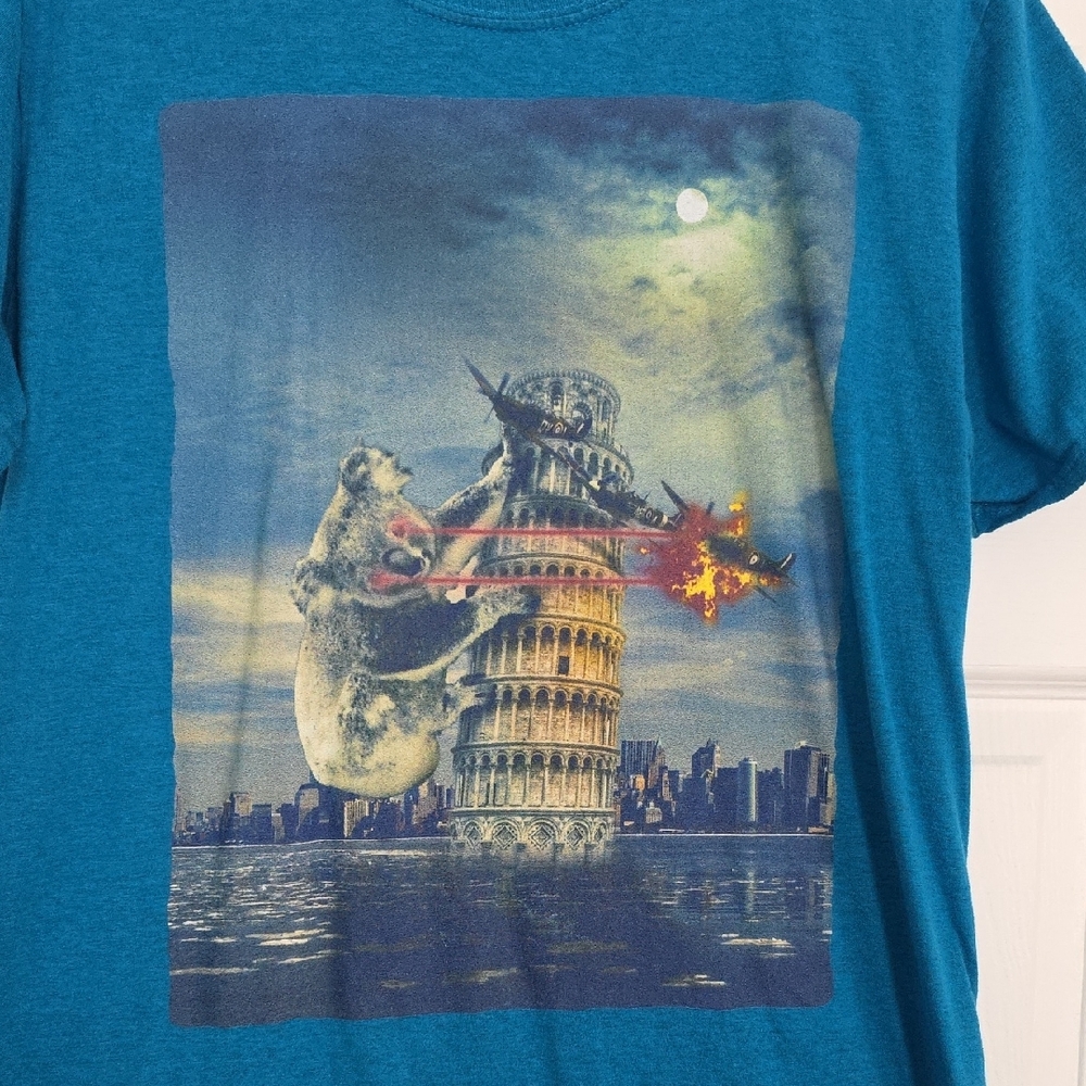 Mens Gildan Teal Short Sleeve Graphic Size Large Koala Bear With Laser Eyes Fun